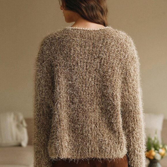 Brown Casual Women's Round Neck Pearl Chain Decoration Fuzzy Knit Cardigan - Picture 2 of 7